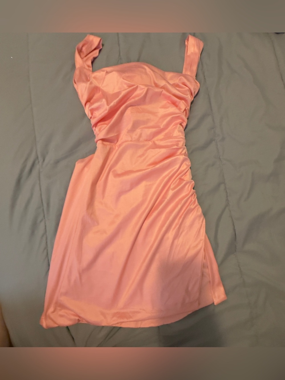 Lucy in the Sky Coral Pink Satin Ruched Mini Dress